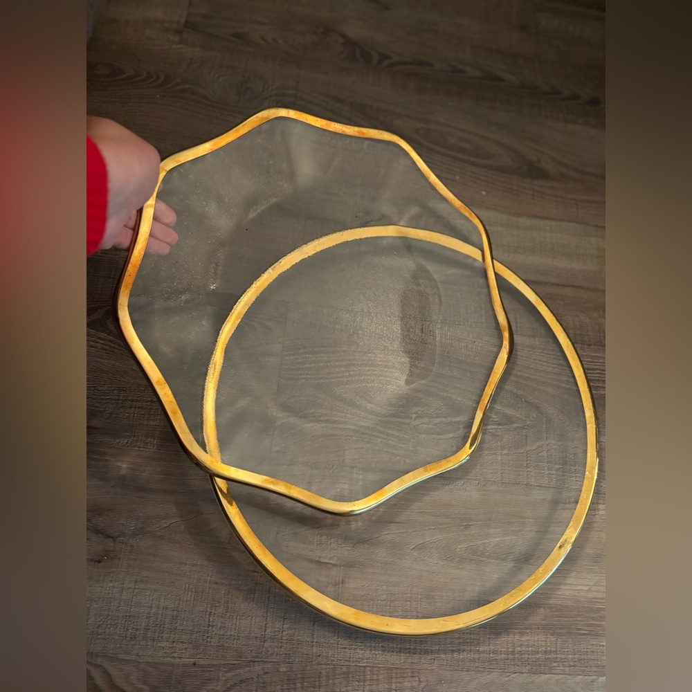 Vintage Gold Rim Glass Serving Trays Set of 2 | 14” Sculptural Organic Edge Luxe